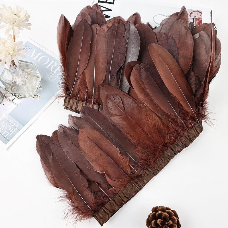 MAOFENG 2 Yards Natural Goose Feathers Trim Sewing Fringe Fashion Dress Sewing 6-8inch for DIY Handicrafts Costumes Decoration,Coffee - Image 5